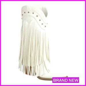 Pointed Toe Chunky Heel Cowboy Western Fringe Boots Mid Calf Pull On